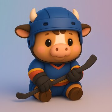 Cute Chibi Cow in Ice Hockey Costume with Stick