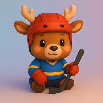 Cute Chibi Deer in Ice Hockey Costume with Stick