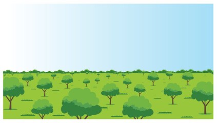 Green forest landscape with trees and blue sky illustration