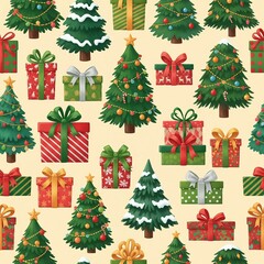 A vibrant, festive pattern of decorated Christmas trees and colorful presents on a warm beige background. Seamless repeatable texture.