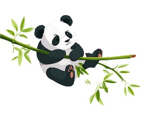 Cute cartoon panda adorably hanging on a bamboo branch in a playful pose
