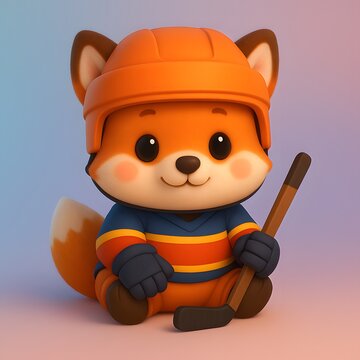 Cute Chibi Fox in Ice Hockey Costume with Stick