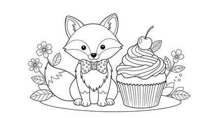 Cute Fox with Cupcake, Flowers, and Coloring Page.