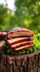 Stacked BBQ ribs on a stump