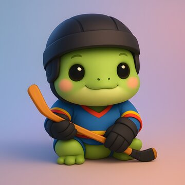 Cute Chibi Frog in Ice Hockey Costume with Stick