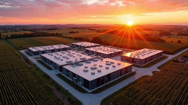 Modern server farm at sunset in Gevrey, France 4k video footage with stunning aerial perspective, showcasing technology and innovation in a beautiful landscape.