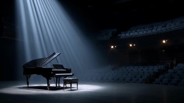 A grand piano stands on an empty stage in a dark concert hall, illuminated by a dramatic spotlight, representing classical music, performance art, concert anticipation and solitude