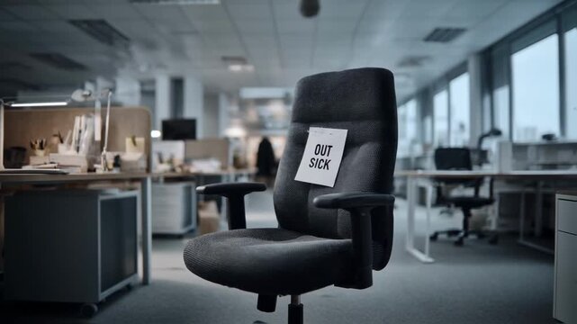 An empty office chair with an "out sick" sign stands in a modern open-plan office, representing employee absence, job vacancy or the concept of remote work and sick leave