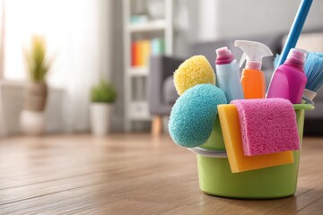 Colorful cleaning supplies in a bucket on a wooden floor