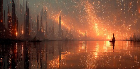Futuristic city skyline at sunset with glowing lights
