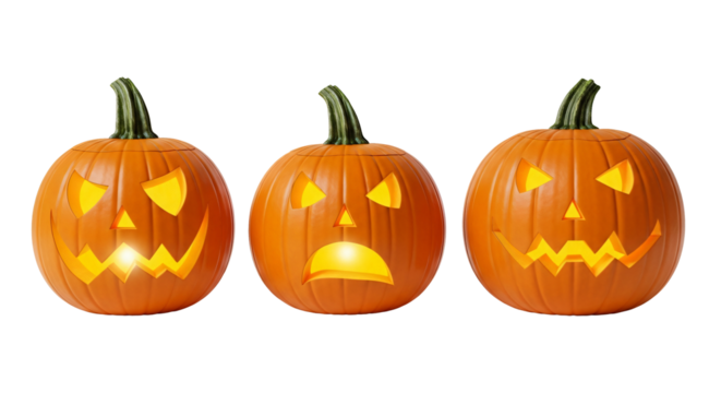 Three jackolanterns with carved faces isolated on transparent background