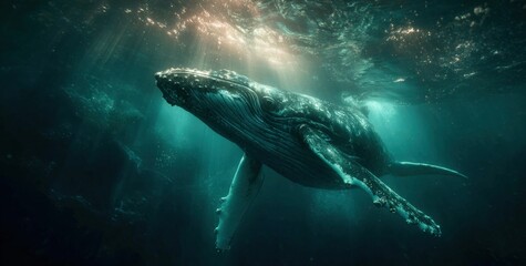 Fototapeta premium A large humpback whale glides serenely through the deep blue ocean, surrounded by shafts of light filtering from the surface. Its massive body moves with grace in the tranquil waters