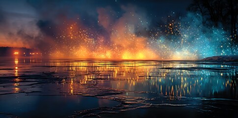 Magical night sky sparks reflect on icy water surface