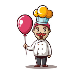 Playful Male Chef Holding Colorful Cupcake Balloon Illustration, Fun Culinary Character Vector, Bakery, Pastry, Celebration, Kids-Friendly Design