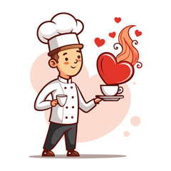 Cute Male Chef Blowing Heart-Shaped Steam From Coffee Cup, Romantic Barista Vector Illustration, Coffee Love, Cafe Art, Kitchen Icon