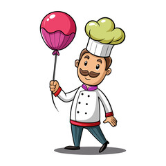Playful Male Chef Holding Colorful Cupcake Balloon Illustration, Fun Culinary Character Vector, Bakery, Pastry, Celebration, Kids-Friendly Design