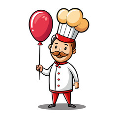 Playful Male Chef Holding Colorful Cupcake Balloon Illustration, Fun Culinary Character Vector, Bakery, Pastry, Celebration, Kids-Friendly Design