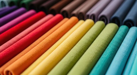 Rolled fabric swatches in a spectrum of colors