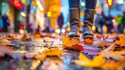Autumn city walk with colorful leaves on wet pavement and blurred urban lights