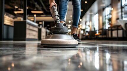 Worker using a floor polishing machine to clean and shine a concrete floor in a modern commercial interior.