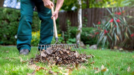 Person Raking Fallen Leaves on Green Grass in a Sunny Garden