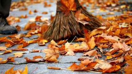 Broom sweeping vibrant autumn leaves on a paved path, close-up of fall cleanup and seasonal foliage.