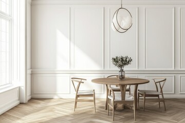 Fototapeta premium Elegant Modern Dining Room Interior Design with Wooden Table and Chairs Against White Walls and Herringbone Floor