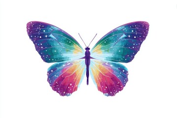 Obraz premium Colorful butterfly illustration with vibrant hues of blue, purple, and orange, showcasing intricate wing patterns and a celestial theme, perfect for nature-inspired designs and artwork