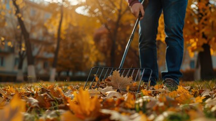 Autumn Clean-Up: Person Raking Golden Leaves in Park on a Sunny Fall Day