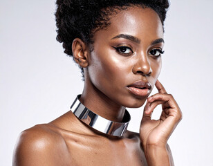 Fashion portrait of a woman with bold jewelry studio high-quality photography minimalist background close-up beauty concept for impactful branding