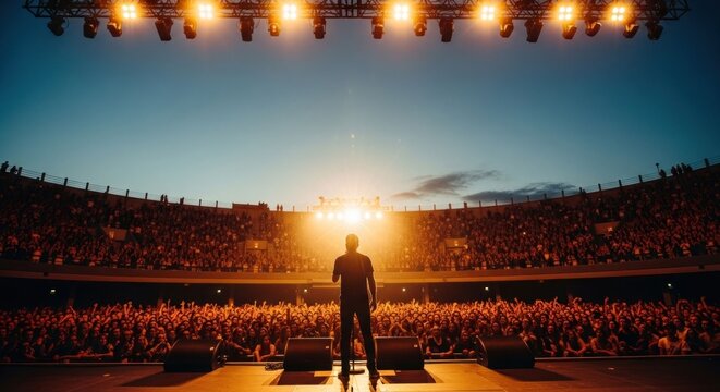 Silhouette of performer on stage, bathed in golden light, before a large crowd