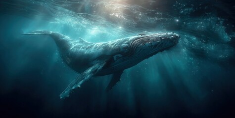 Fototapeta premium A large humpback whale glides serenely through the deep blue ocean, surrounded by shafts of light filtering from the surface. Its massive body moves with grace in the tranquil waters