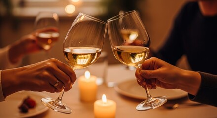 Toasting with friends.  Dinner, candles, wine glasses