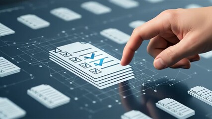 Hand interacting with digital interface displaying multiple document icons and checkboxes for data management - Powered by Adobe