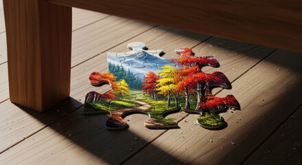 Photo of a jigsaw puzzle piece depicting a mountain landscape and autumn trees lies on a wooden deck, partially obscured by a wooden beam, with sunlight casting shadows