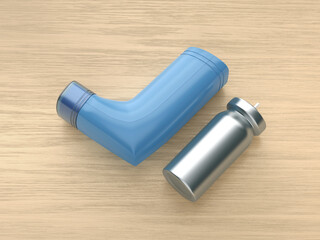 Blue portable inhaler device on wooden desk