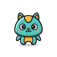 Cute Teal and Yellow Cartoon Cat Character with Big Eyes, a Whimsical and Adorable Feline Illustration