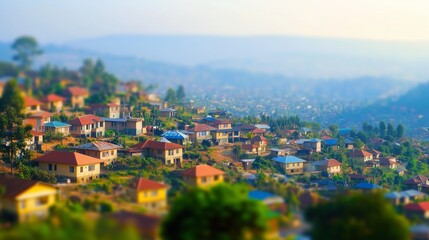 Obraz premium View small town with houses. City and neighborhood in the capital city kigali in realistic video. A field of a shallow depth in the east of africa in march of. A glimpse of a quaint town lifestyle.