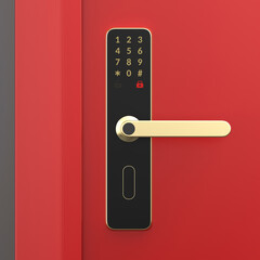Smart door lock with golden handle on a red door