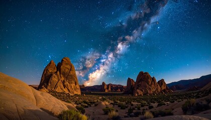 Vast night sky panorama with Milky Way and rock formations