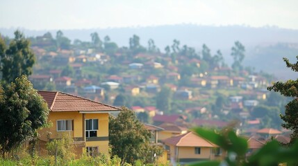 Obraz premium View small town with houses. City and neighborhood in the capital city kigali in realistic video. A field of a shallow depth in the east of africa in march of. A glimpse of a lifestyle quaint town.