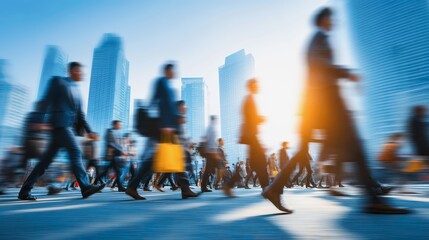 A busy city street with people walking and carrying bags. Concept of hustle and bustle, with people going about their daily lives