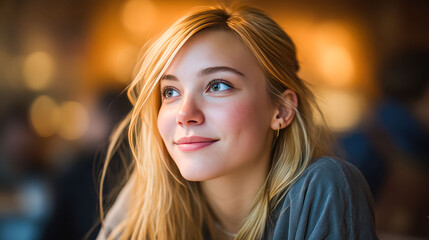 Obraz premium A woman with blonde hair and a smile on her face. She is wearing a necklace and a bracelet