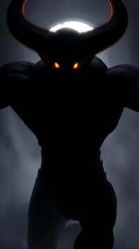 A Fearsome Horned Demon with Glowing Eyes Slowly Emerges from the Dark Swirling Mist. Vertical Video Format