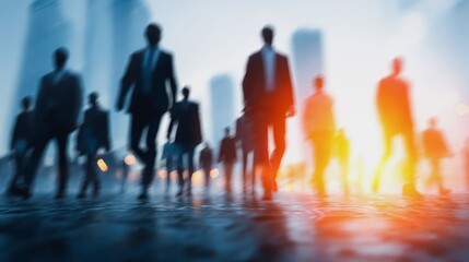 Obraz premium A group of people walking down a street with a sunset in the background. The people are dressed in business attire and carrying briefcases. Concept of busyness and productivity
