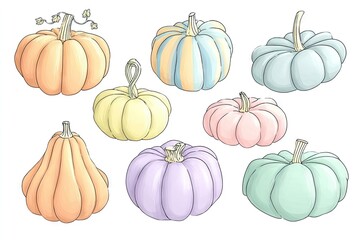 Colorful pumpkins in pastel shades.