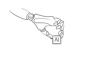 Chip AI with technology hand, continious line drawing. Smart network digital technology outline. Vector illustration