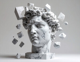 Dynamic fragmentation of classical sculpture art studio digital artwork minimalist environment close-up view modernity meets tradition