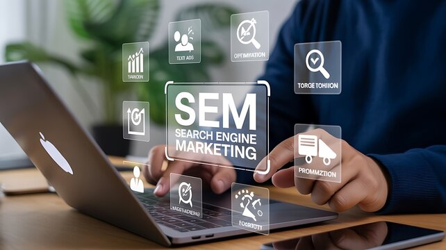 Digital marketing sem strategy person using laptop with sem icons for online business growth