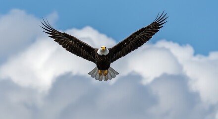 Naklejka premium Bald eagle soaring through clouds